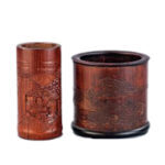 竹製 山水文筆筒2対